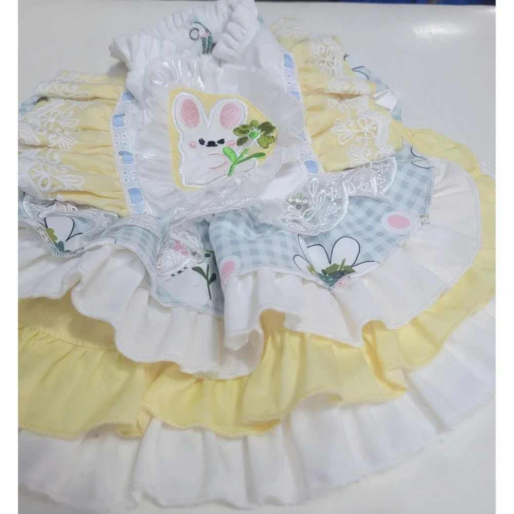 Dog or cat Pastel Bunny Embroidered Tiered Ruffle Pet apparel Dress Small